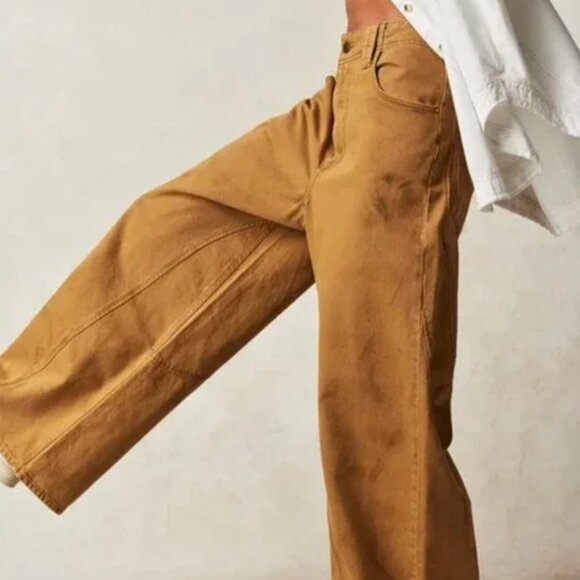 FREE PEOPLE Chill Vibes Scout Tan Dropped Wide Leg Jeans Size 27 - Picture 2 of 3